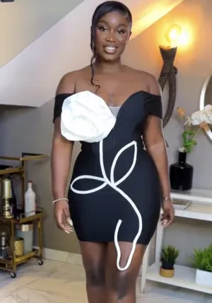 Elegant Off-Shoulder Bodycon Dress with 3D Floral Detail