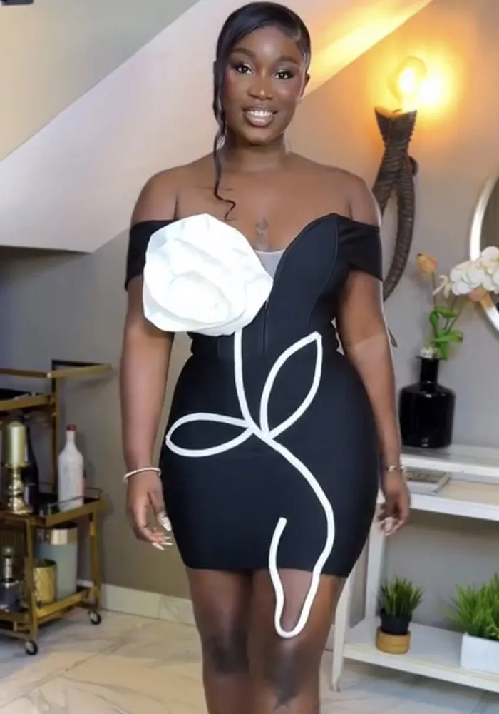 Elegant Off-Shoulder Bodycon Dress with 3D Floral Detail