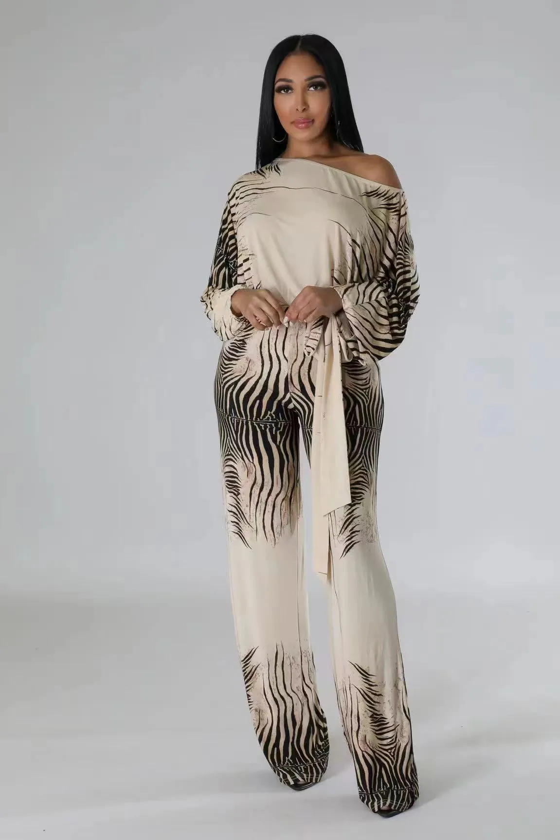 Elegant One-Shoulder Zebra Print Batwing Sleeve Jumpsuit