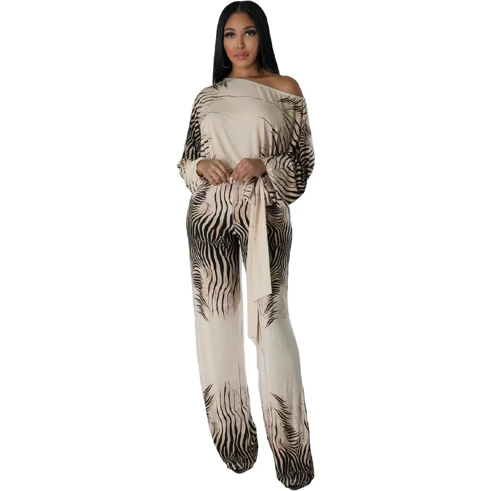 Elegant One-Shoulder Zebra Print Batwing Sleeve Jumpsuit
