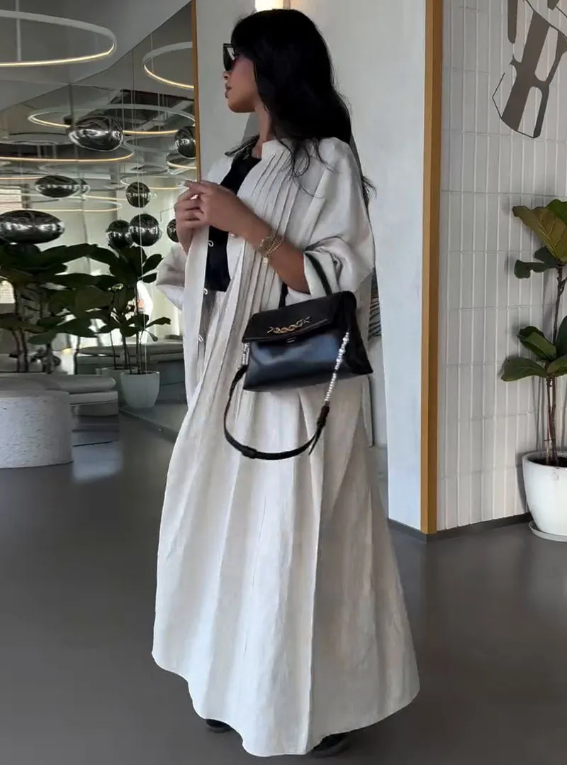 Elegant Pleated Long Shirt Coat with Button Details