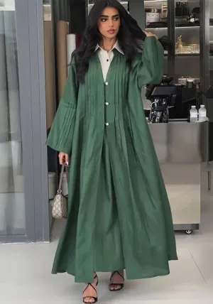 Elegant Pleated Long Shirt Coat with Button Details