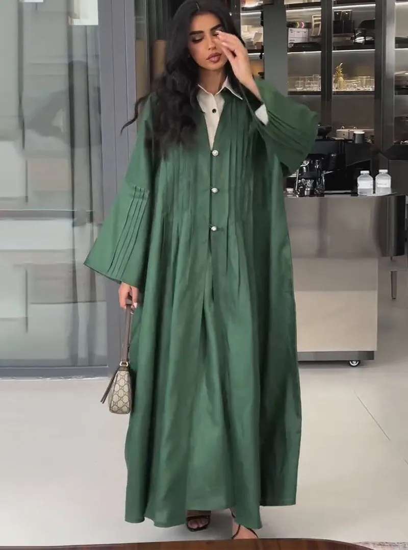 Elegant Pleated Long Shirt Coat with Button Details