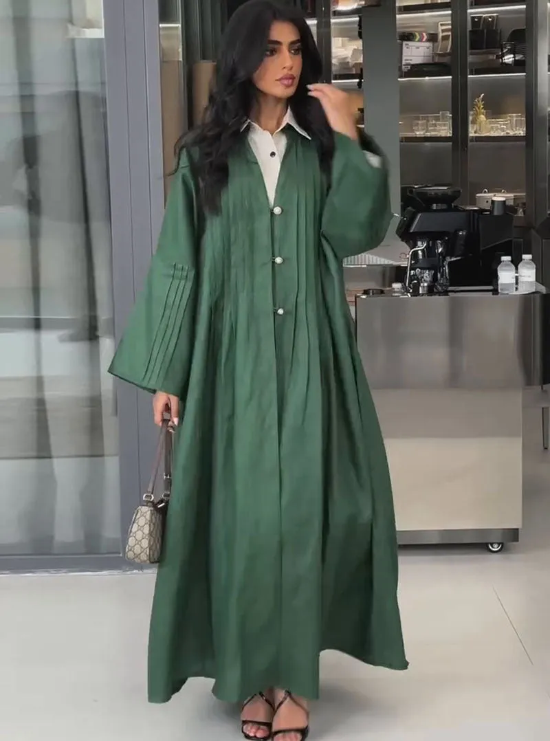 Elegant Pleated Long Shirt Coat with Button Details