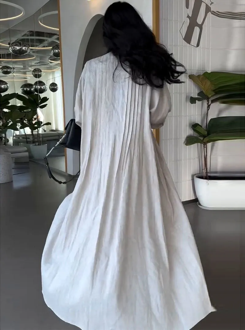 Elegant Pleated Long Shirt Coat with Button Details