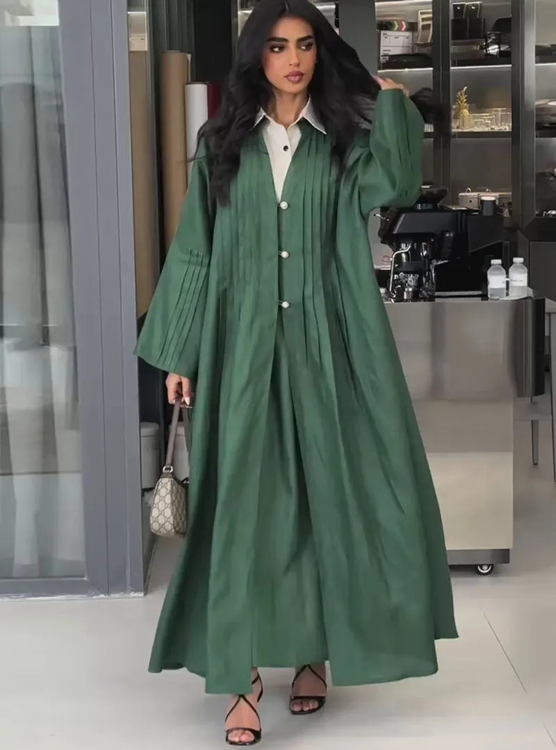 Elegant Pleated Long Shirt Coat with Button Details
