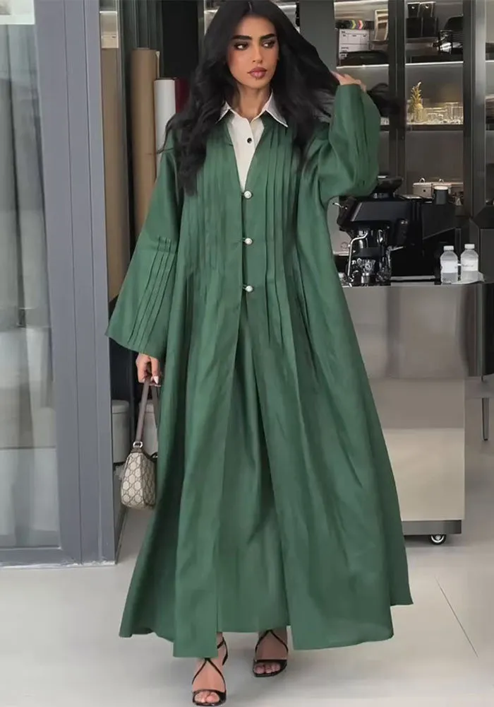 Elegant Pleated Long Shirt Coat with Button Details