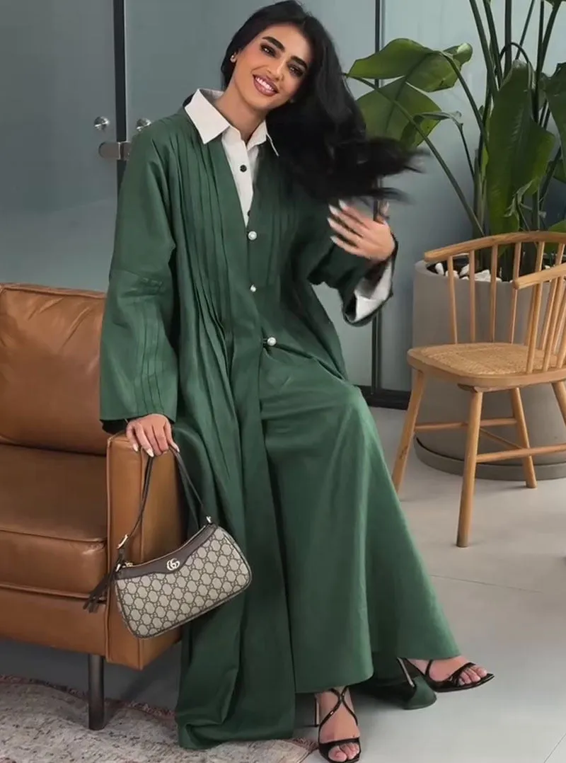 Elegant Pleated Long Shirt Coat with Button Details