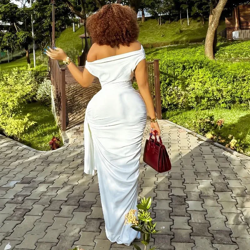 Elegant Solid Color Slash Shoulder Long Dress with Ribbon Detail
