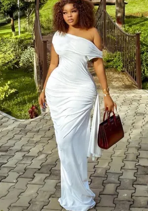 Elegant Solid Color Slash Shoulder Long Dress with Ribbon Detail