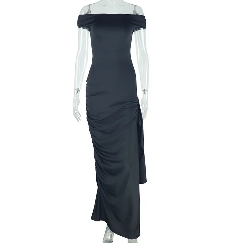 Elegant Solid Color Slash Shoulder Long Dress with Ribbon Detail