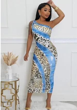 Exotic One-Shoulder Leopard and Denim Print Bodycon Dress