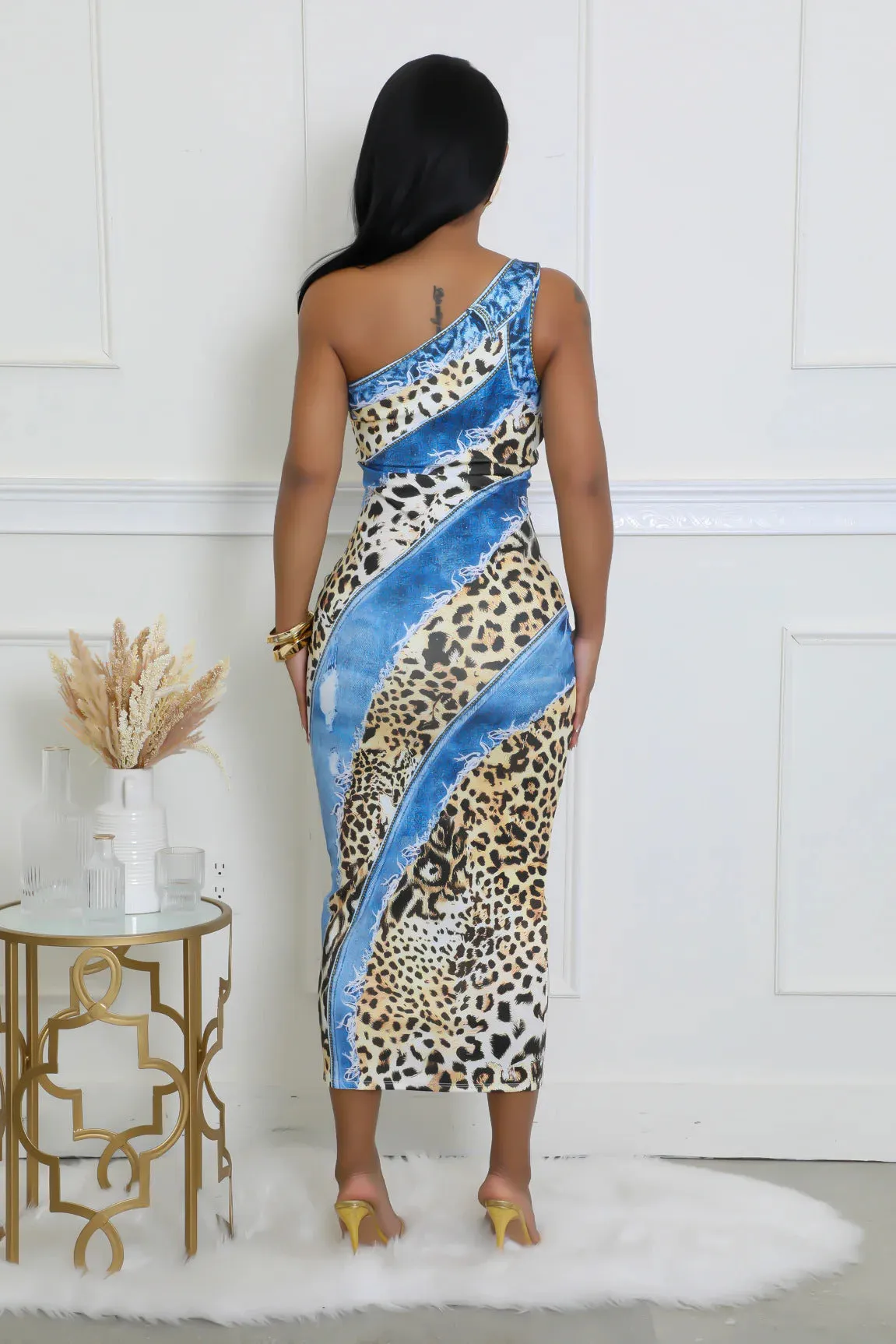 Exotic One-Shoulder Leopard and Denim Print Bodycon Dress
