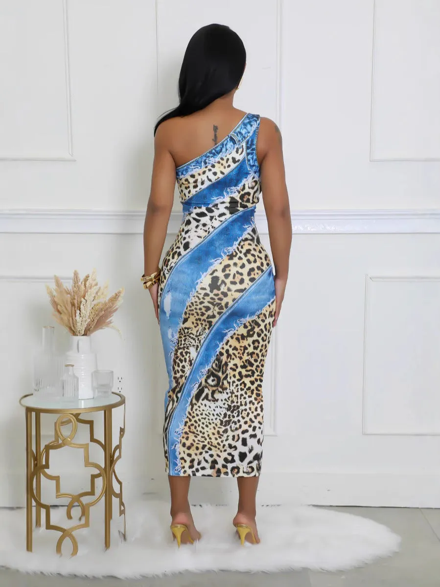 Exotic One-Shoulder Leopard and Denim Print Bodycon Dress