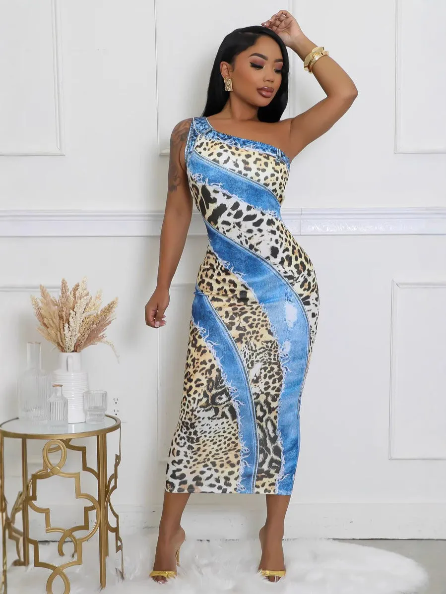 Exotic One-Shoulder Leopard and Denim Print Bodycon Dress