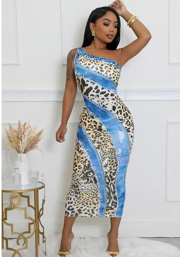 Exotic One-Shoulder Leopard and Denim Print Bodycon Dress