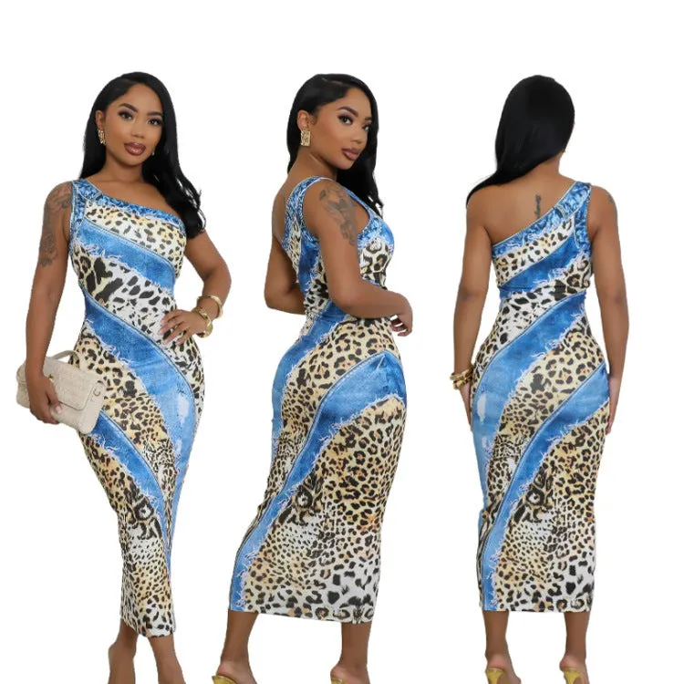 Exotic One-Shoulder Leopard and Denim Print Bodycon Dress