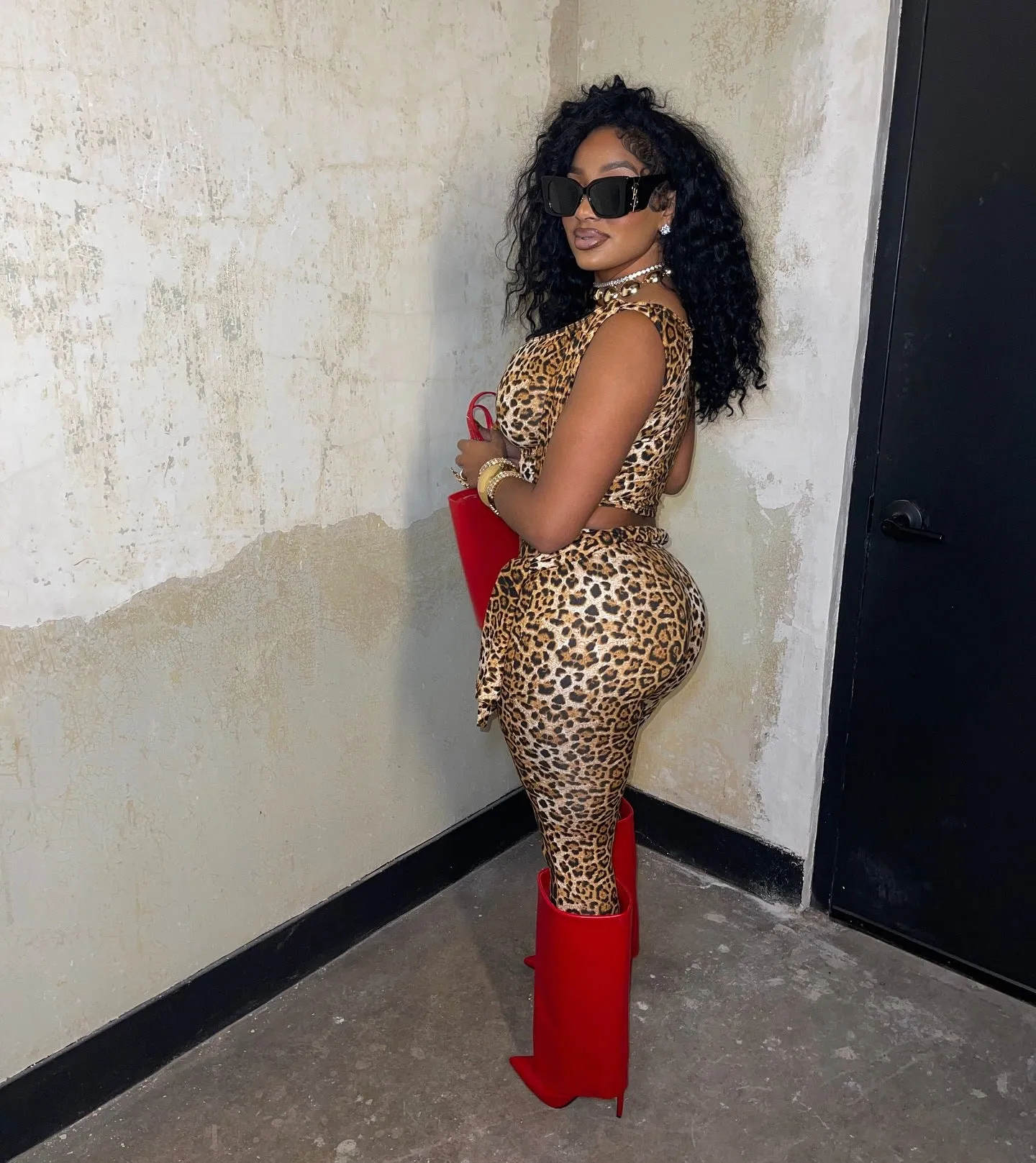Fierce Leopard Print One-Shoulder Cropped Top and High-Waist Pants Set