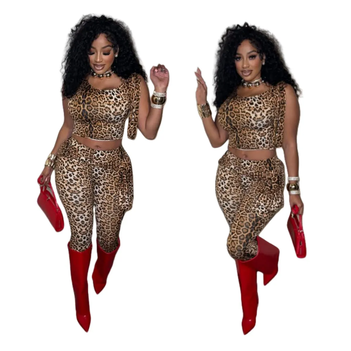 Fierce Leopard Print One-Shoulder Cropped Top and High-Waist Pants Set