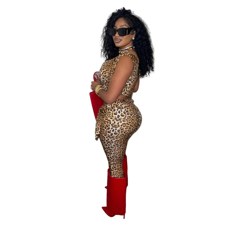 Fierce Leopard Print One-Shoulder Cropped Top and High-Waist Pants Set