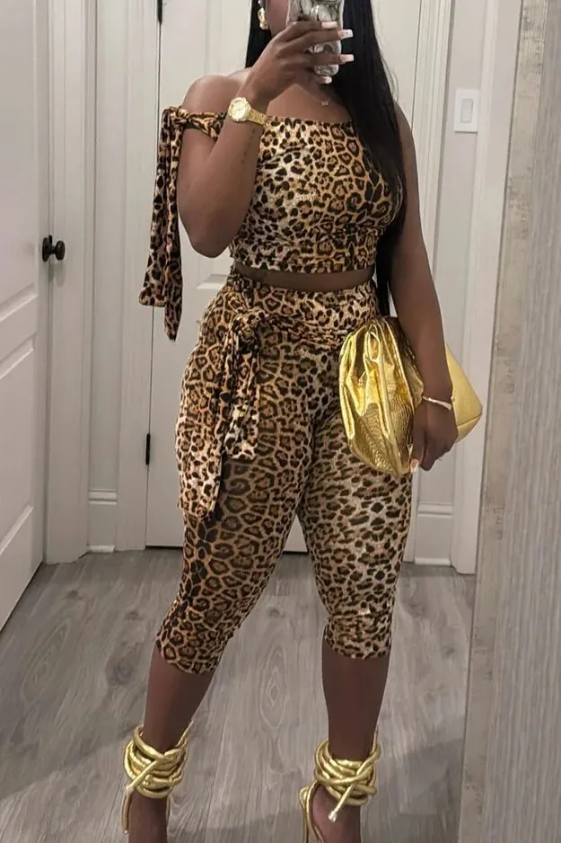 Fierce Leopard Print One-Shoulder Cropped Top and High-Waist Pants Set