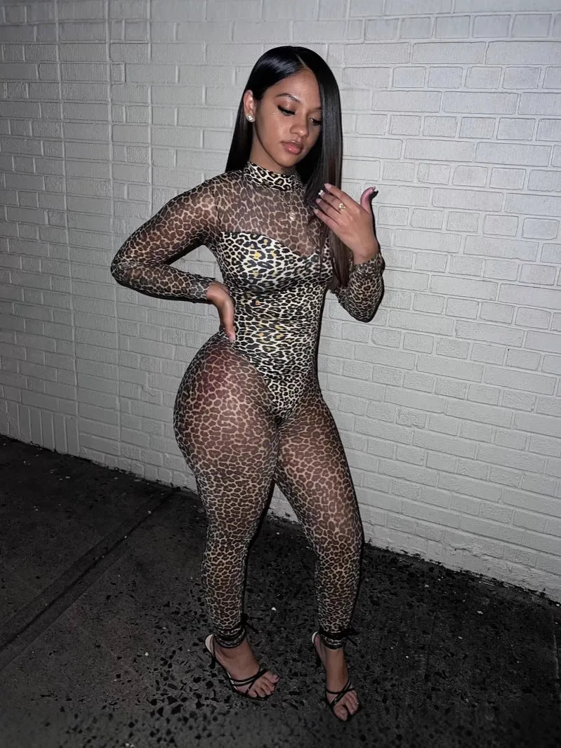 Fierce Leopard Print See-Through Long Sleeve Jumpsuit