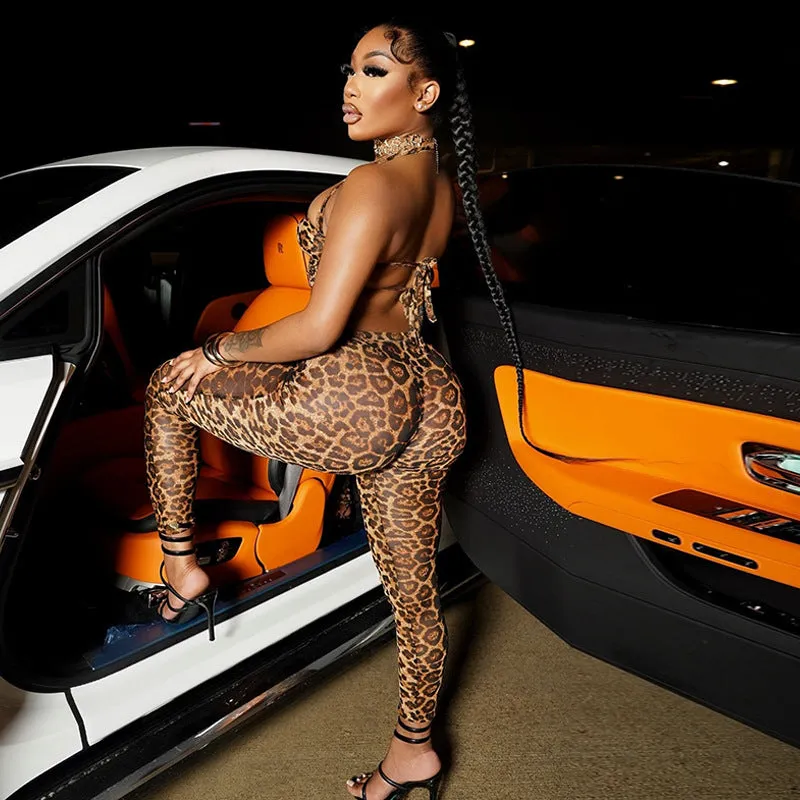 Fierce Leopard Print Strapless Crop Top and Trousers Two-Piece Set
