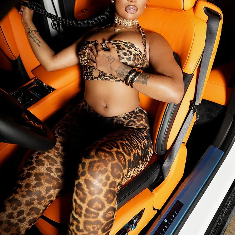 Fierce Leopard Print Strapless Crop Top and Trousers Two-Piece Set