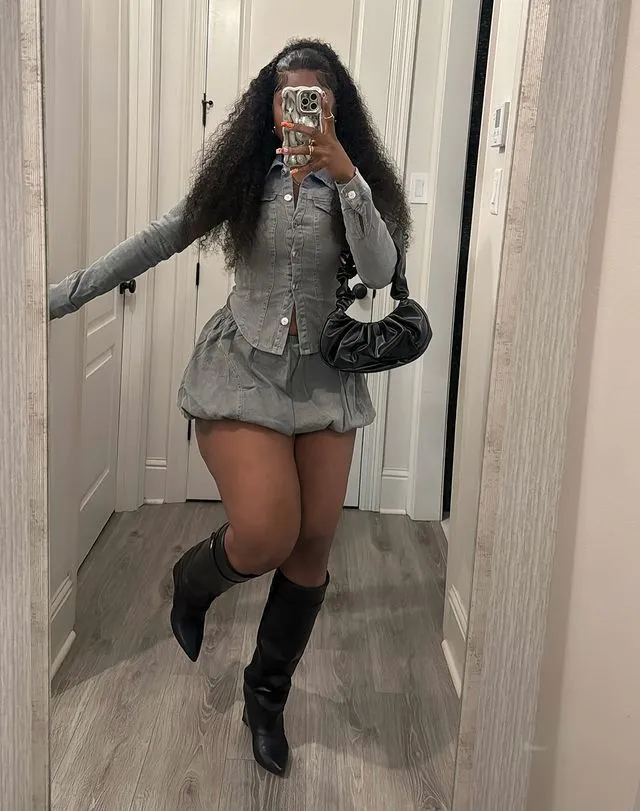 Fitted Denim Button-Up Shirt and Pleated Mini Skirt Two-Piece Set
