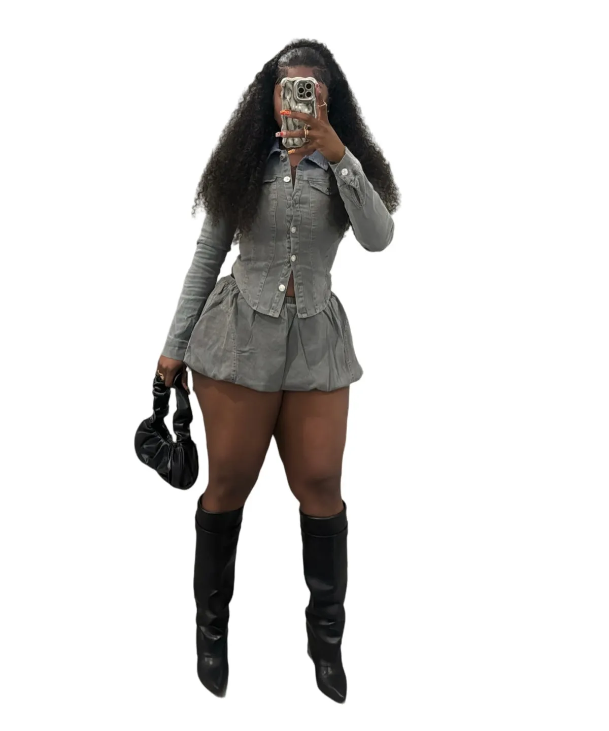 Fitted Denim Button-Up Shirt and Pleated Mini Skirt Two-Piece Set