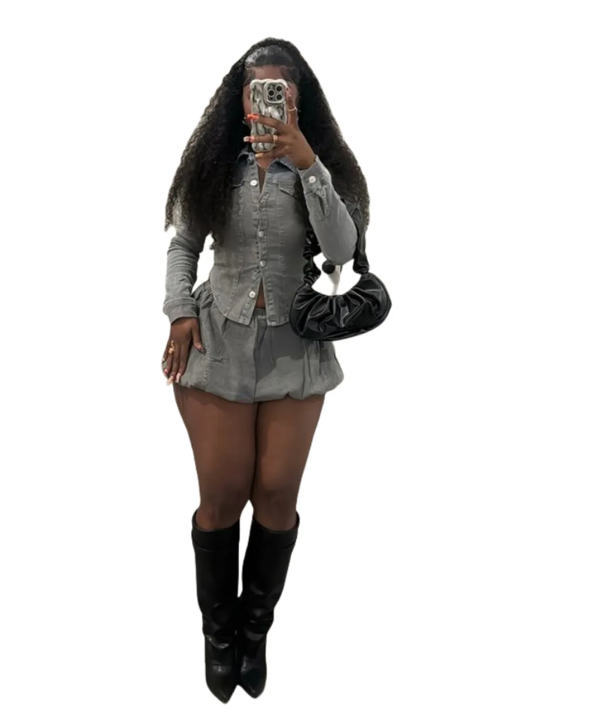 Fitted Denim Button-Up Shirt and Pleated Mini Skirt Two-Piece Set