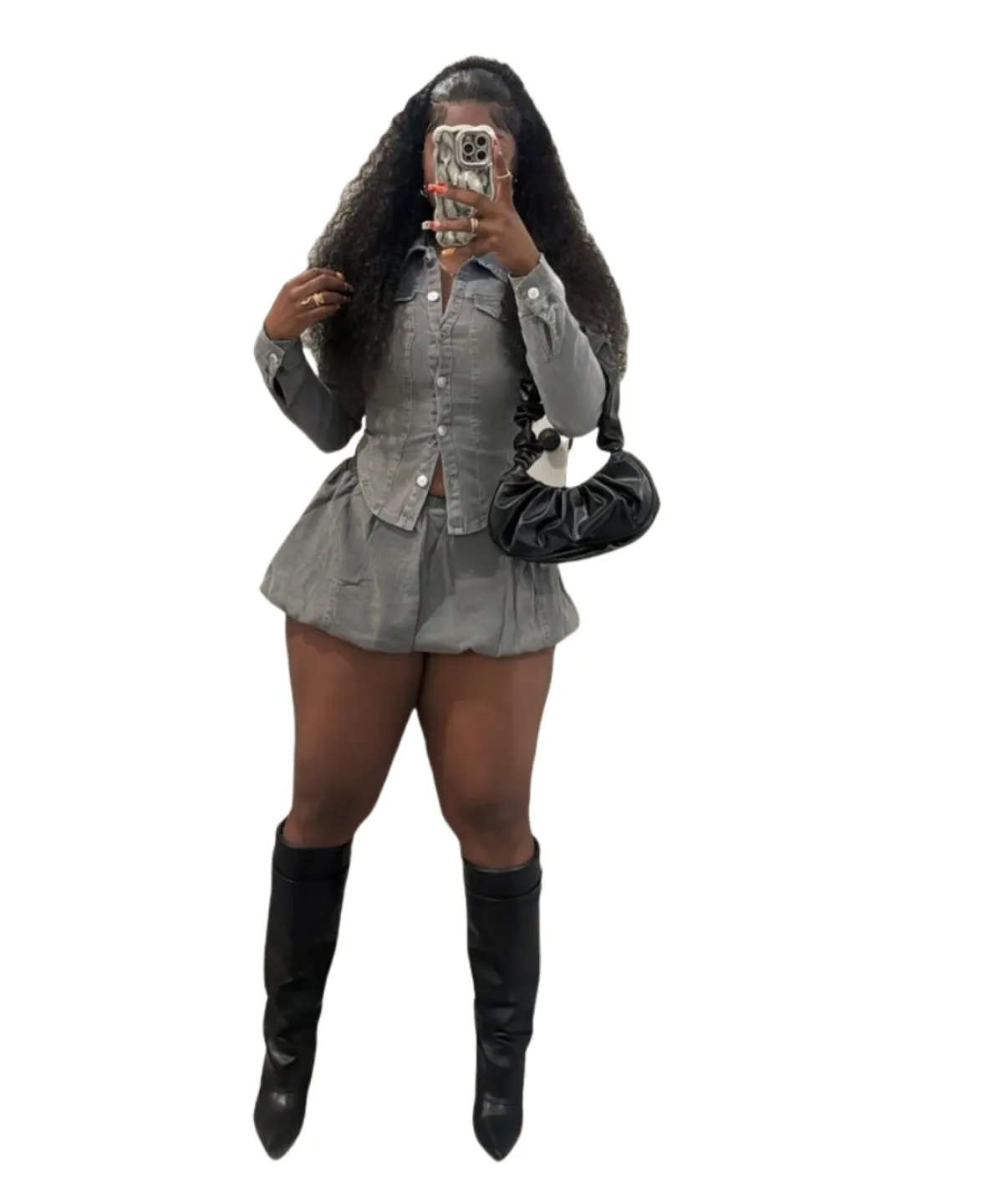 Fitted Denim Button-Up Shirt and Pleated Mini Skirt Two-Piece Set