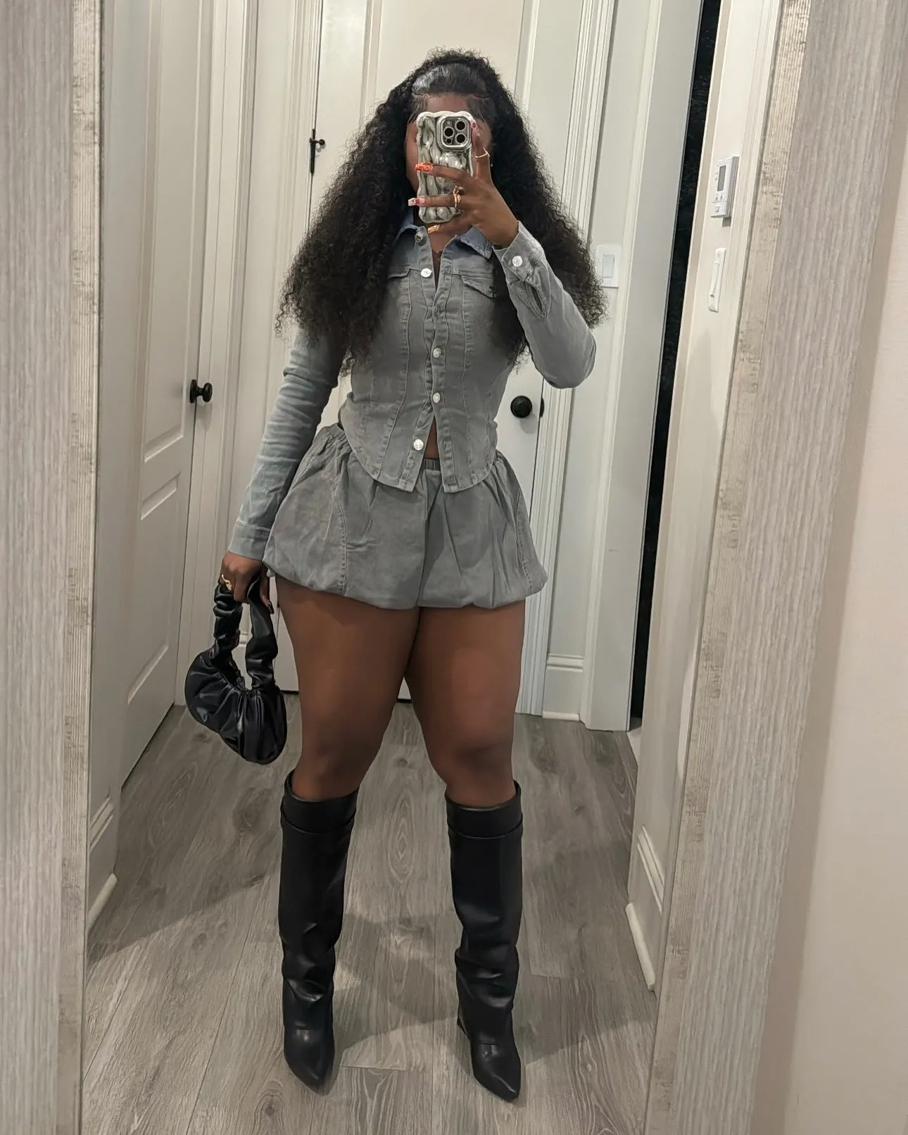 Fitted Denim Button-Up Shirt and Pleated Mini Skirt Two-Piece Set