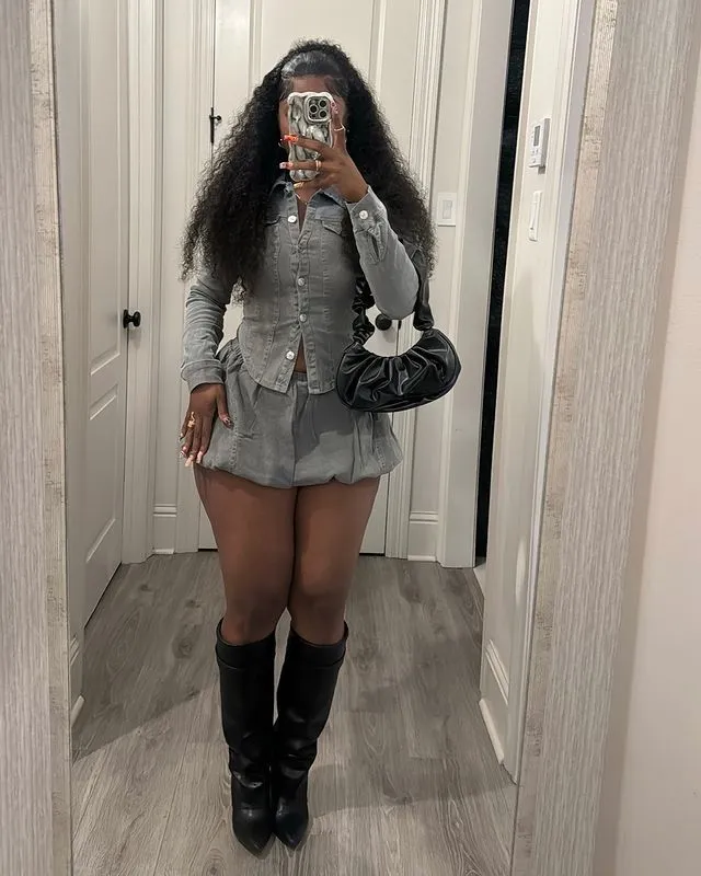 Fitted Denim Button-Up Shirt and Pleated Mini Skirt Two-Piece Set
