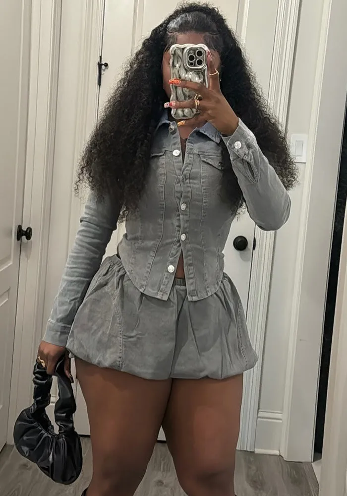 Fitted Denim Button-Up Shirt and Pleated Mini Skirt Two-Piece Set