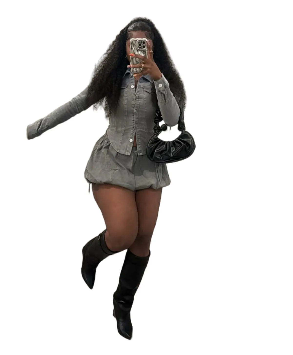 Fitted Denim Button-Up Shirt and Pleated Mini Skirt Two-Piece Set
