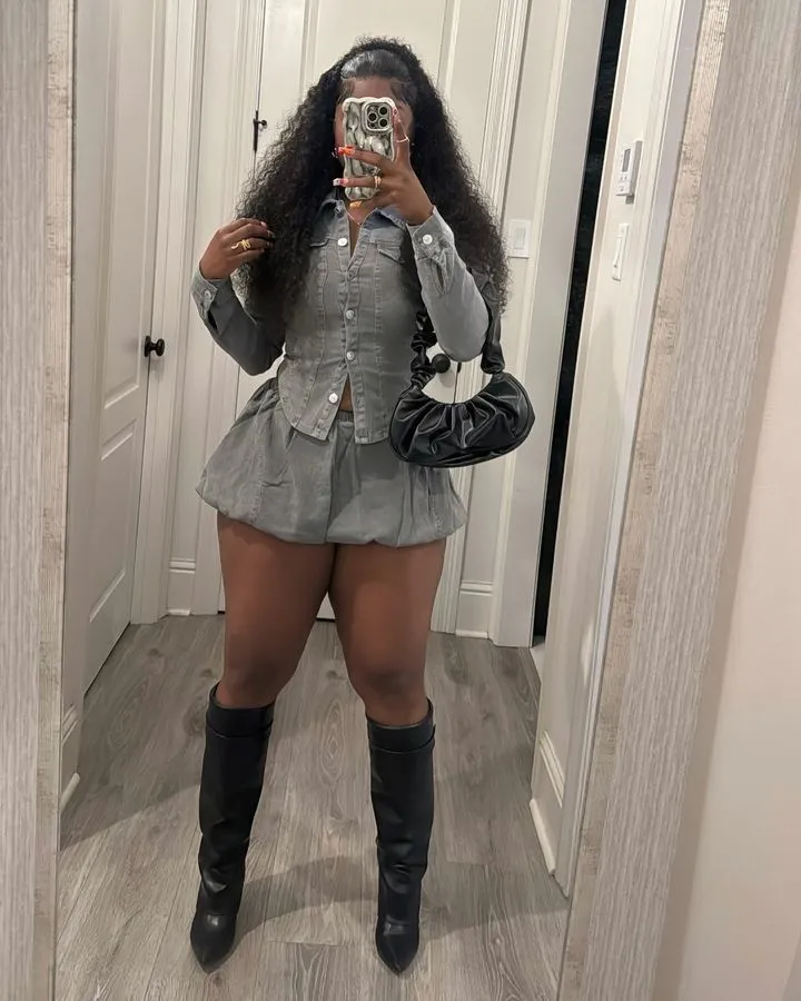 Fitted Denim Button-Up Shirt and Pleated Mini Skirt Two-Piece Set