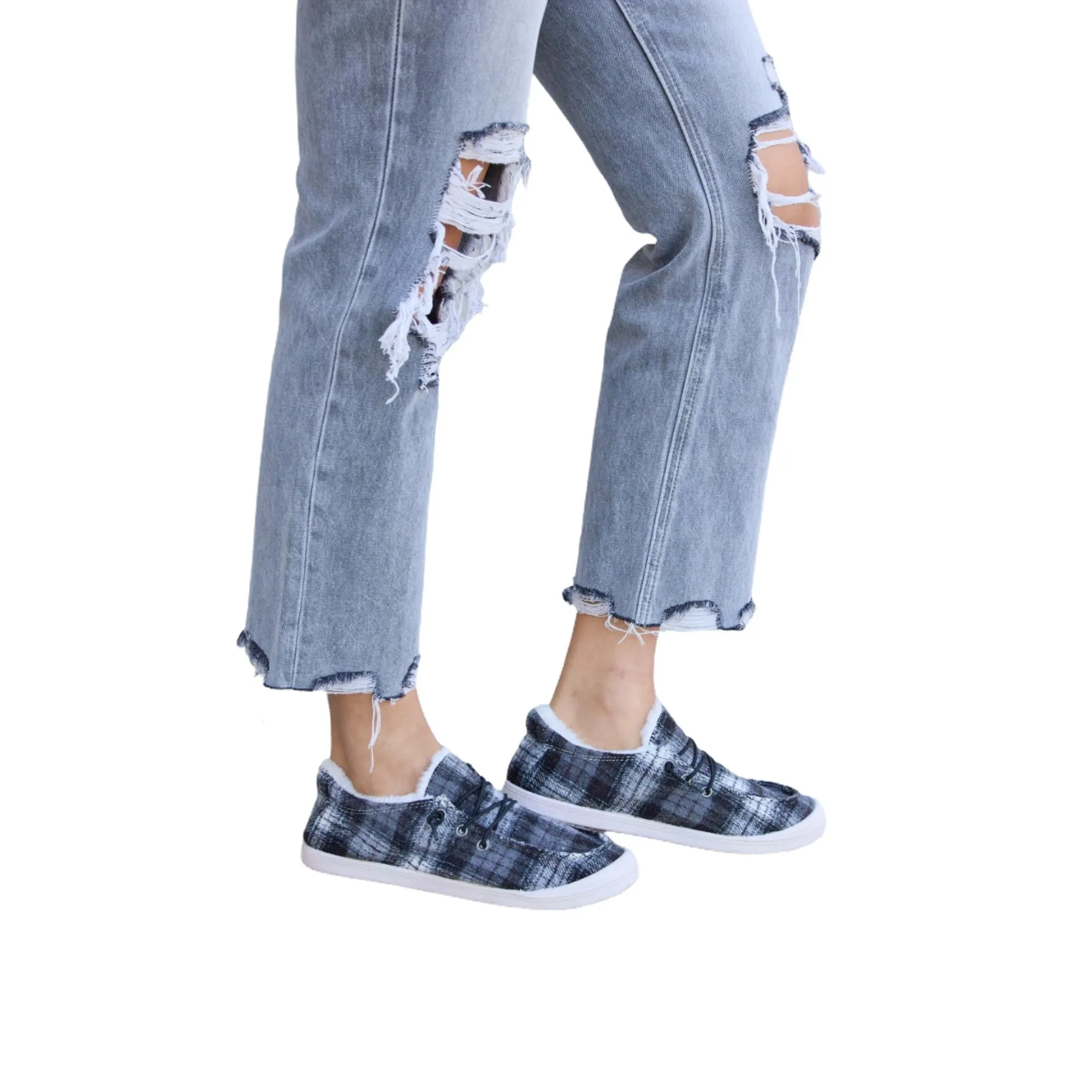 Forever Link Black Plaid Plush Flat Sneakers