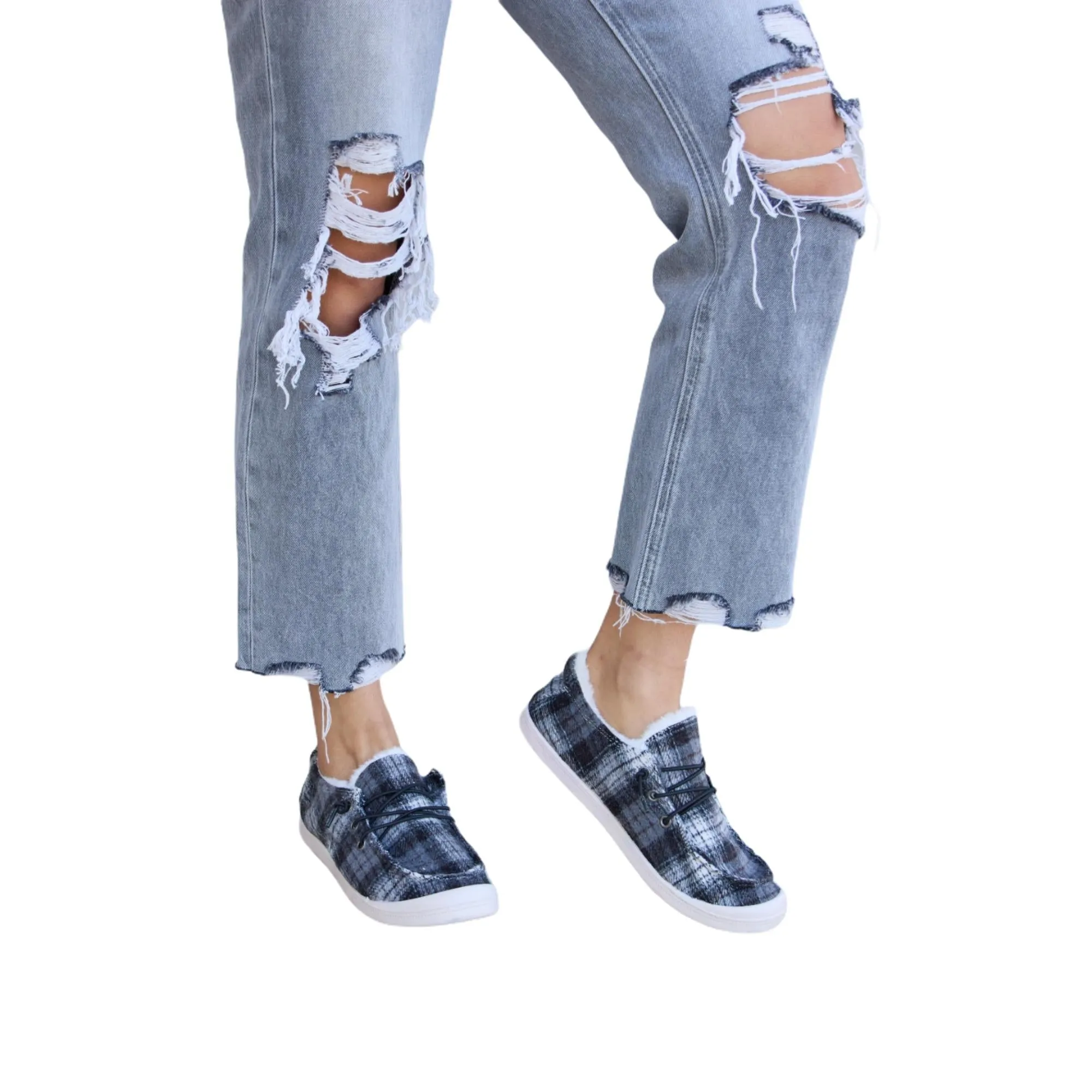 Forever Link Black Plaid Plush Flat Sneakers