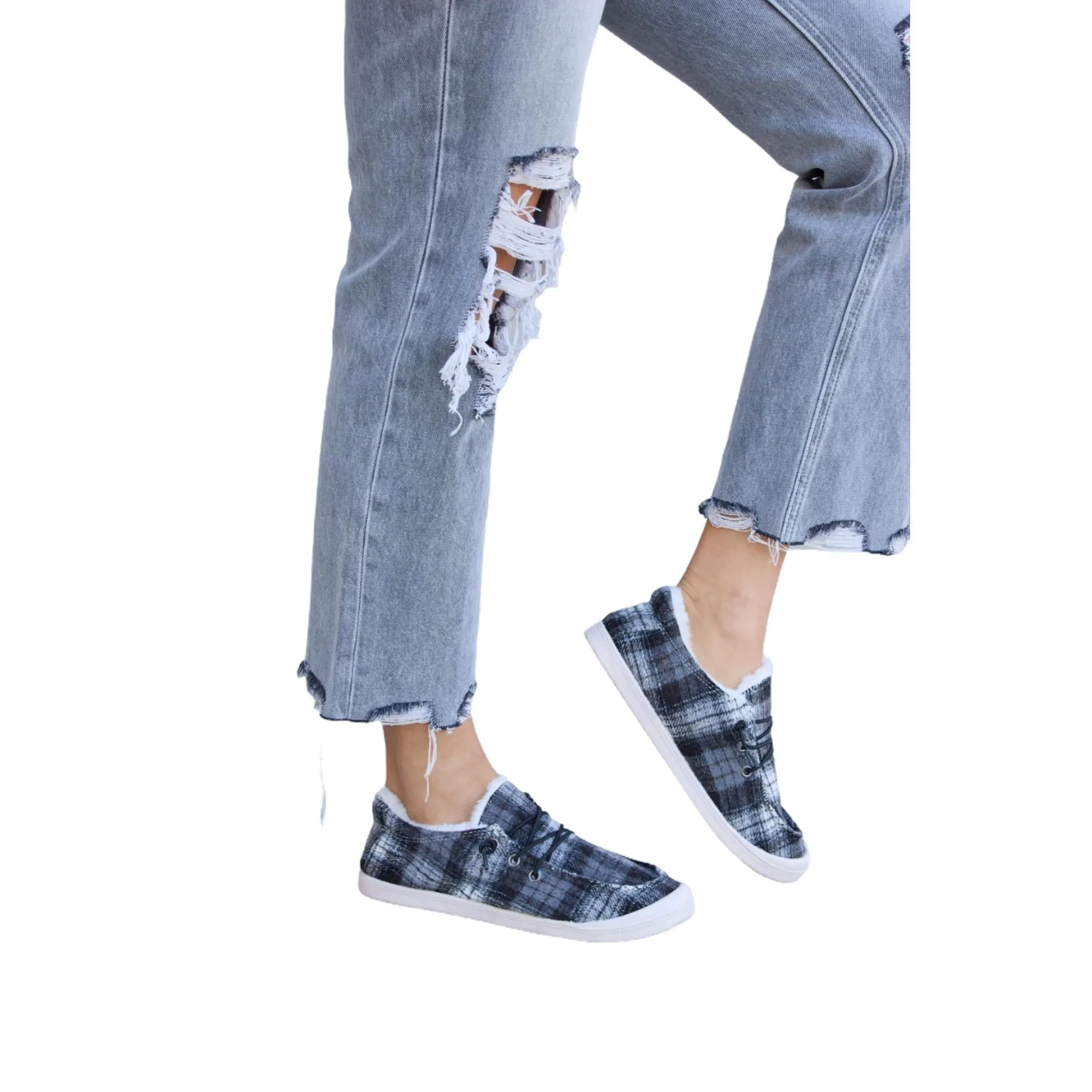 Forever Link Black Plaid Plush Flat Sneakers