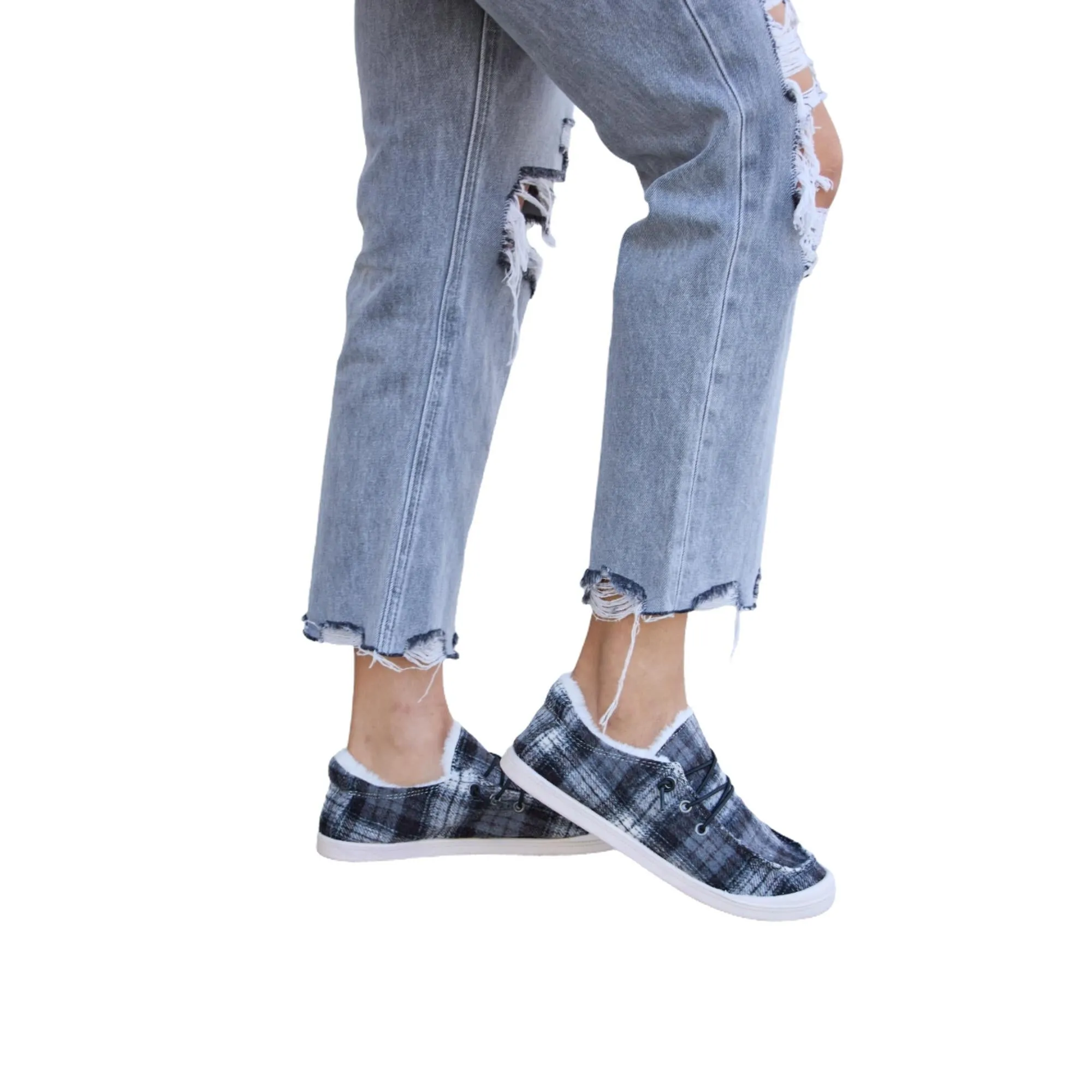 Forever Link Black Plaid Plush Flat Sneakers
