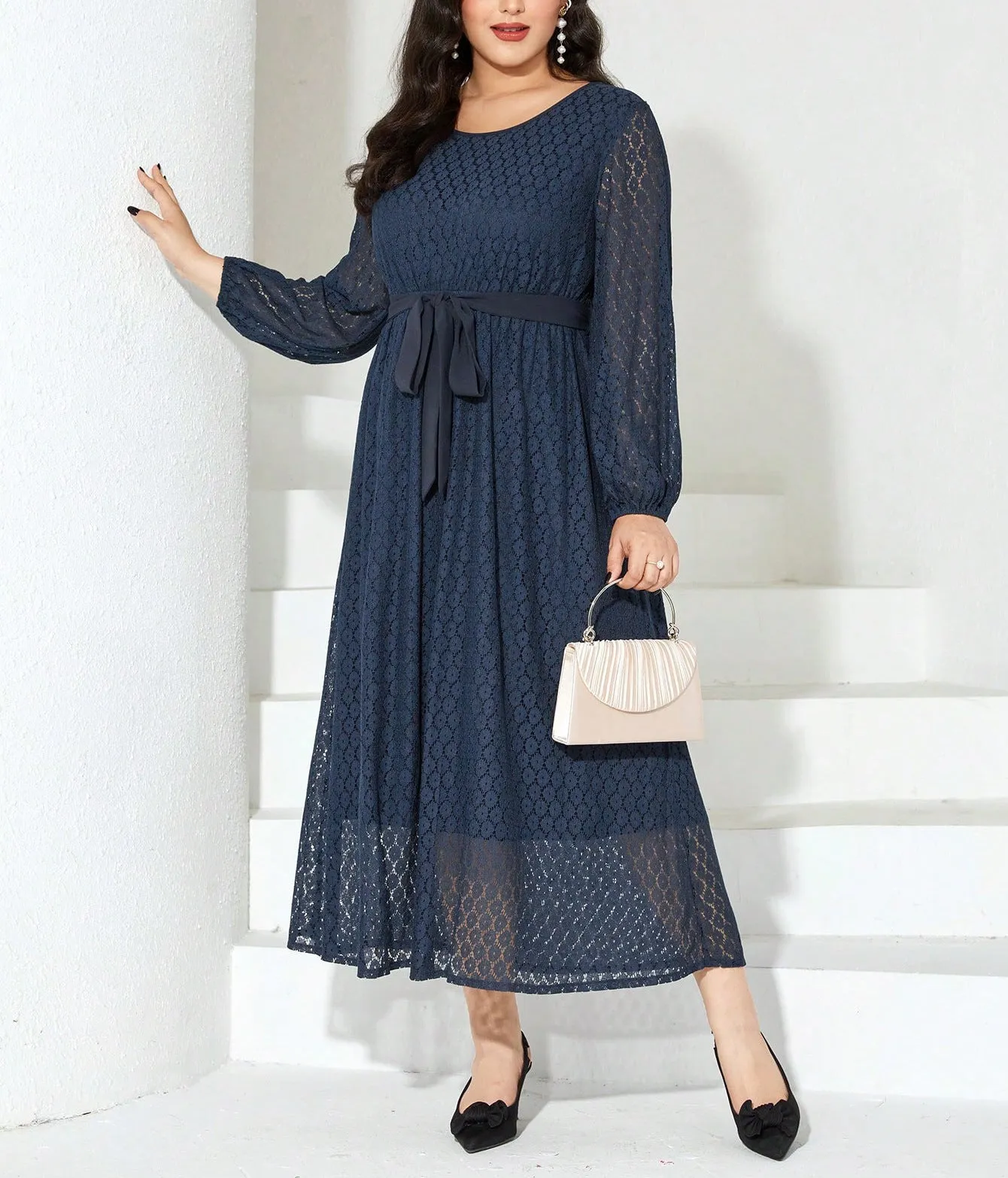 Graceful Elegance Solid Lace Plus Size Spring Dress