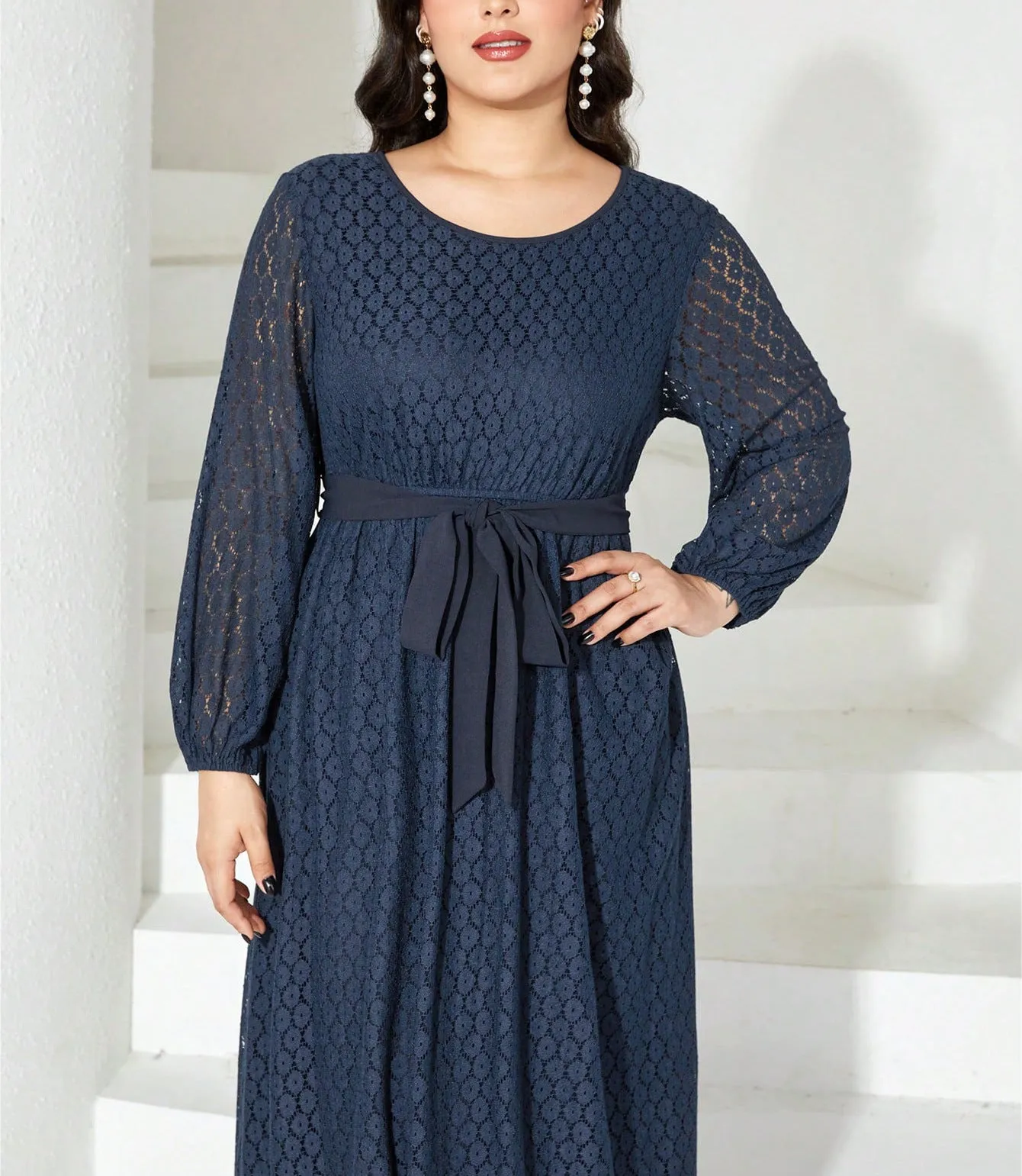 Graceful Elegance Solid Lace Plus Size Spring Dress