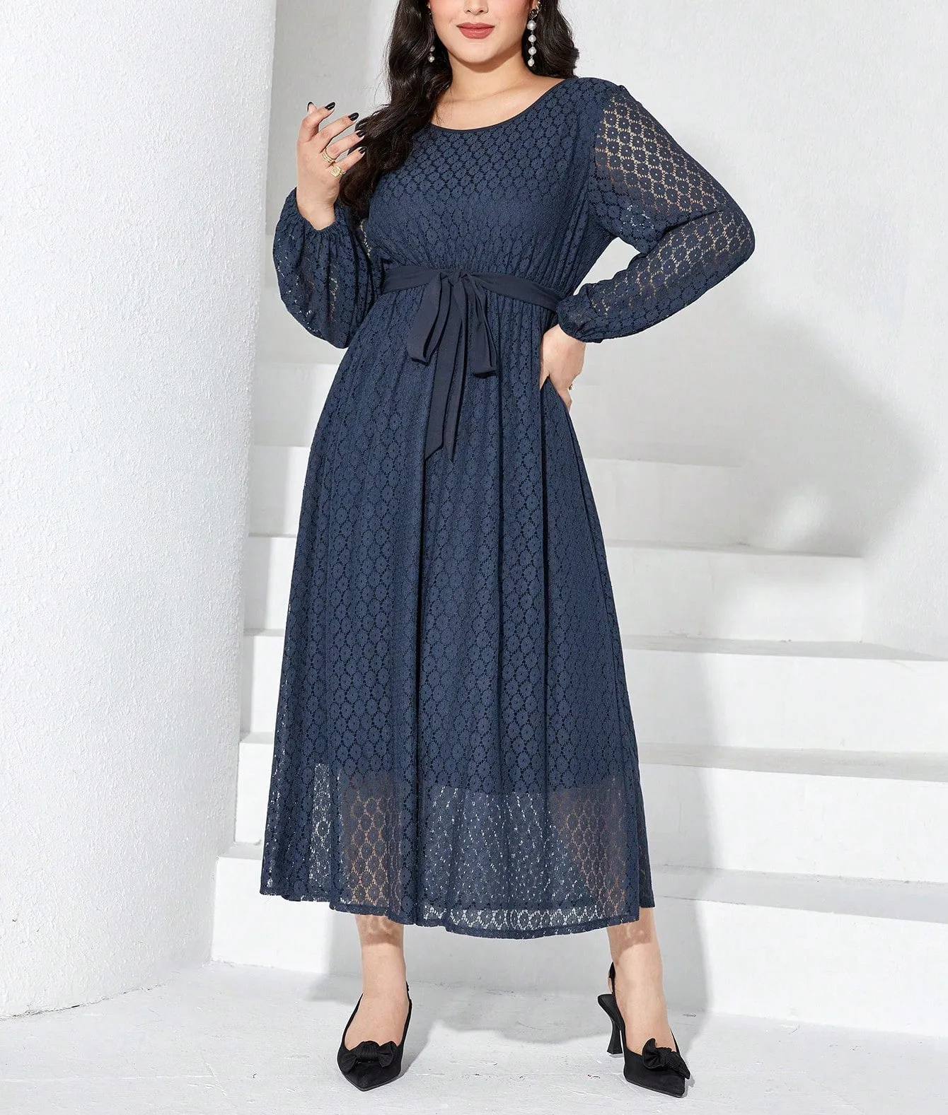 Graceful Elegance Solid Lace Plus Size Spring Dress