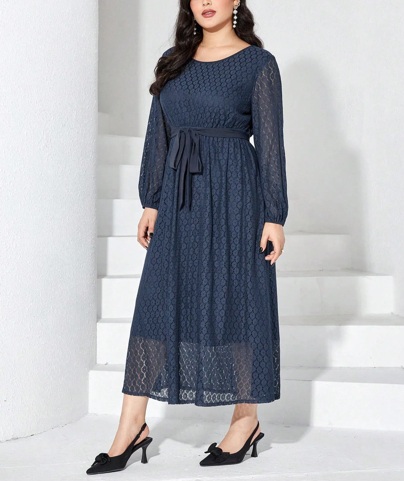 Graceful Elegance Solid Lace Plus Size Spring Dress