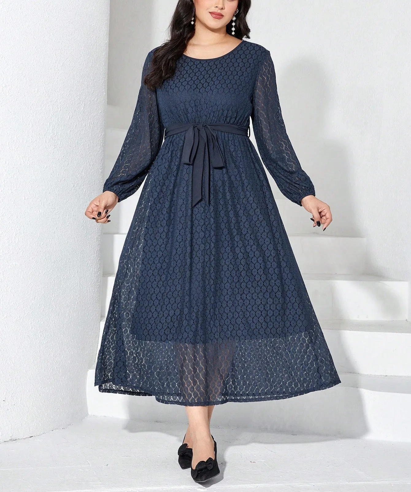 Graceful Elegance Solid Lace Plus Size Spring Dress
