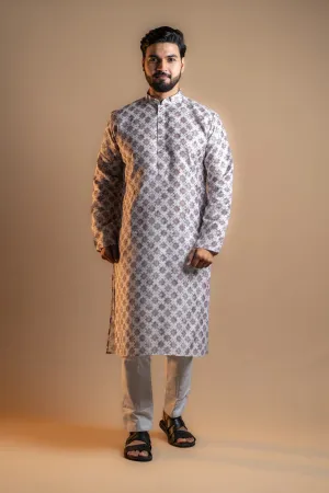Grey Floral Printed Kurta Set for Men