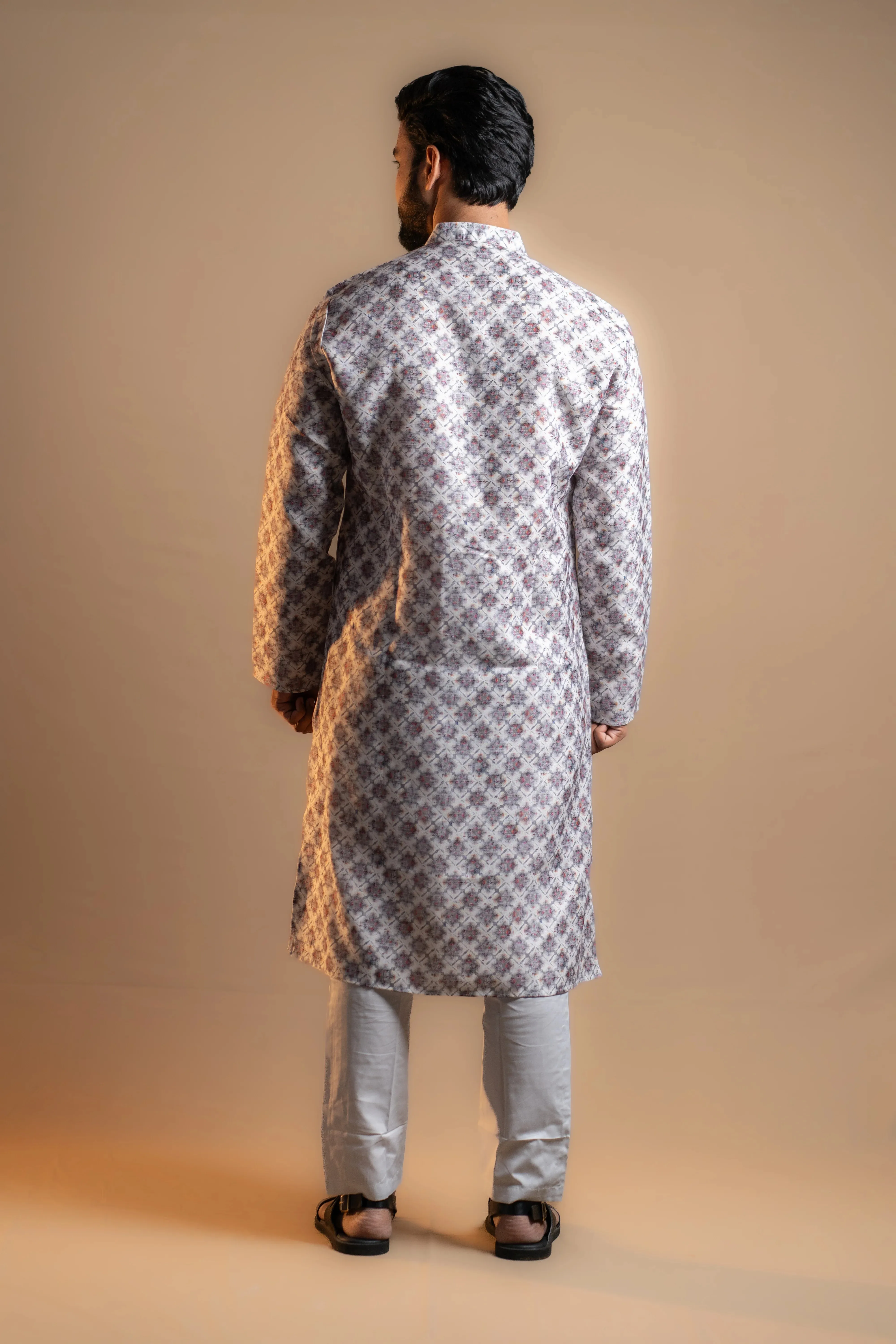 Grey Floral Printed Kurta Set for Men