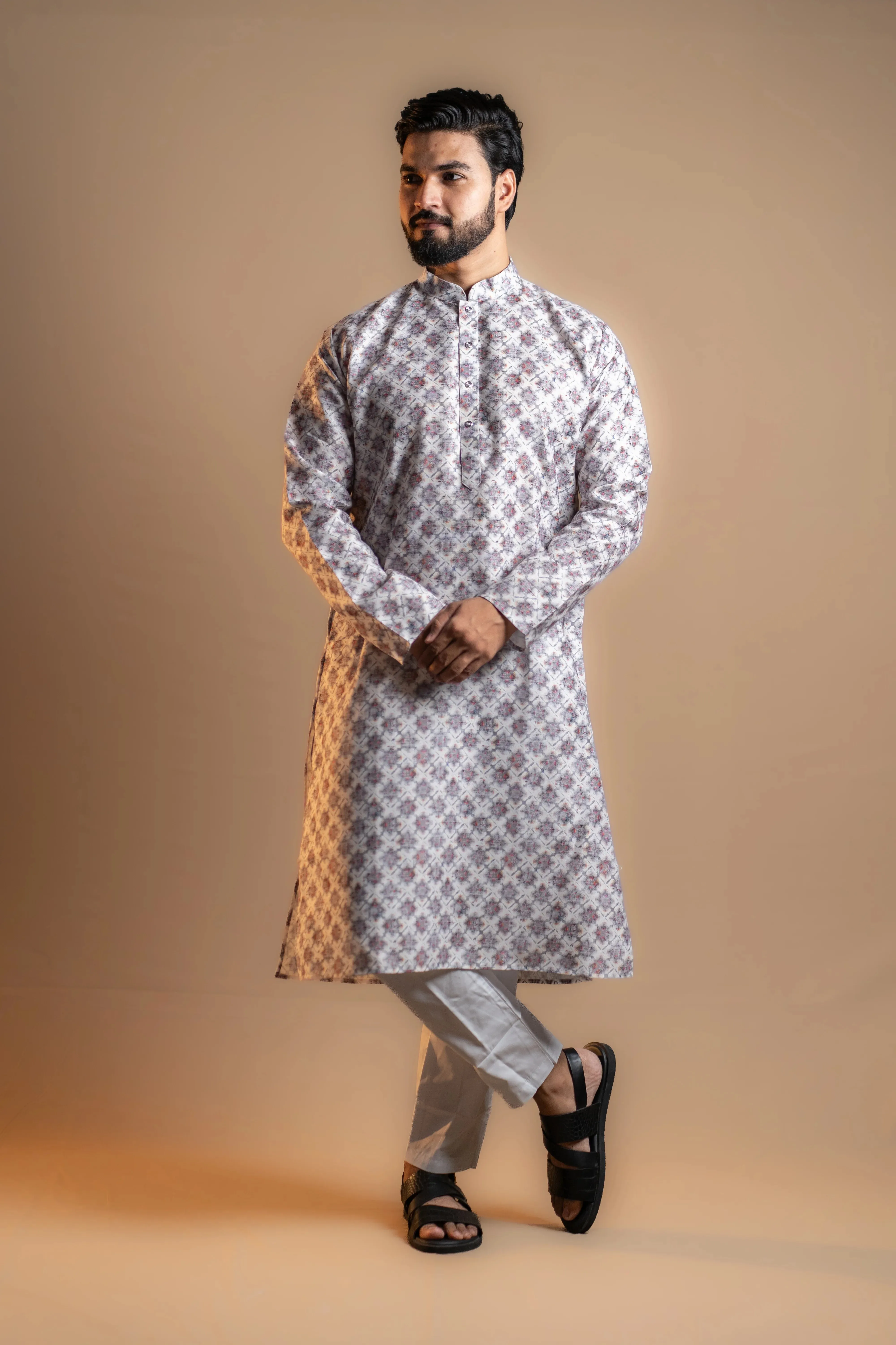 Grey Floral Printed Kurta Set for Men
