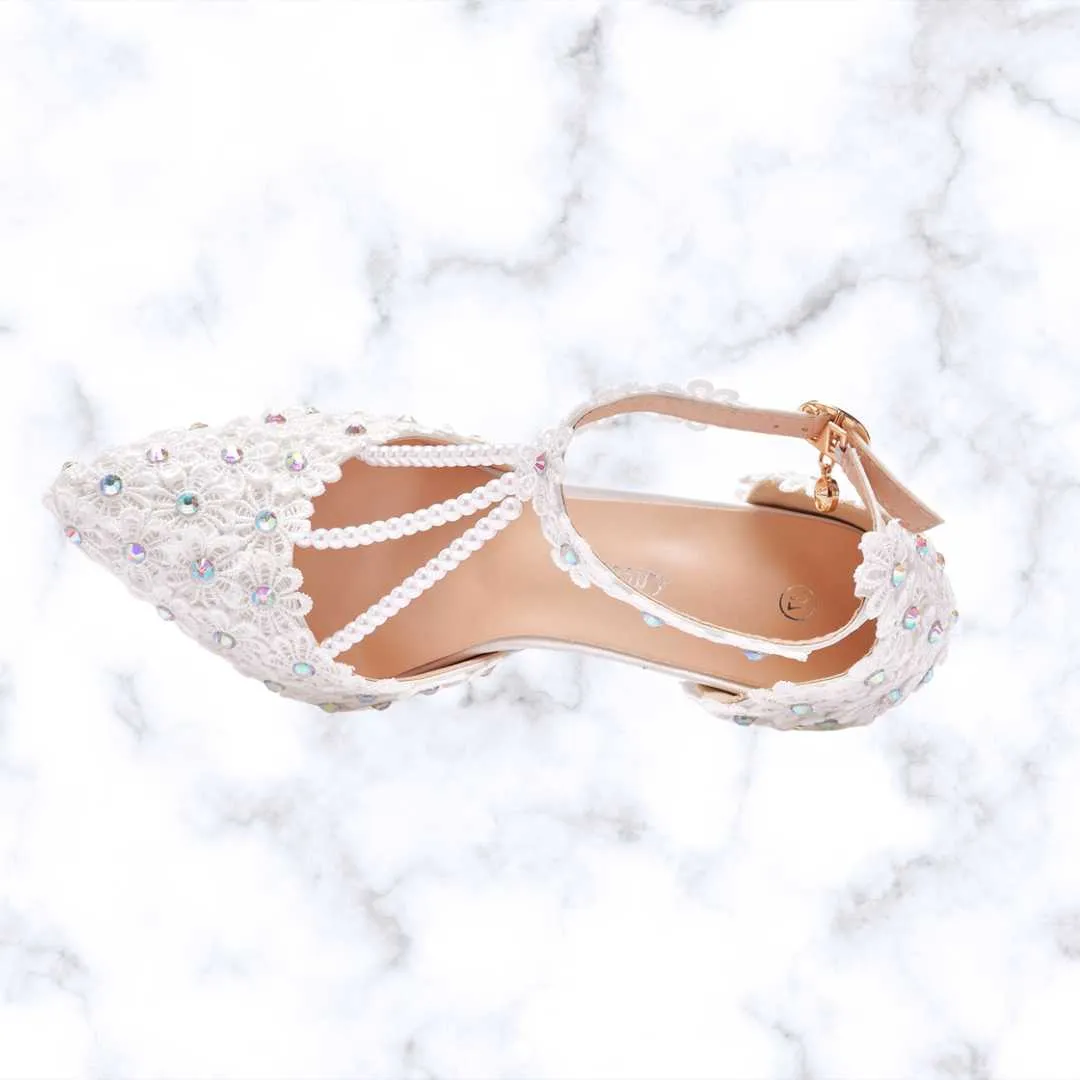 Handmade Designer White Gladiator-Style Bridal High Heels with Rhinestones, Lace, Tassels, and Beads